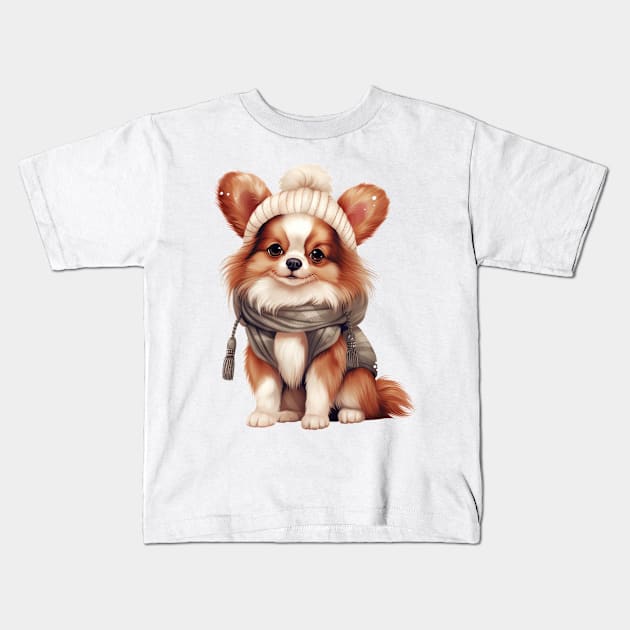 Winter Papillon Dog Kids T-Shirt by Chromatic Fusion Studio